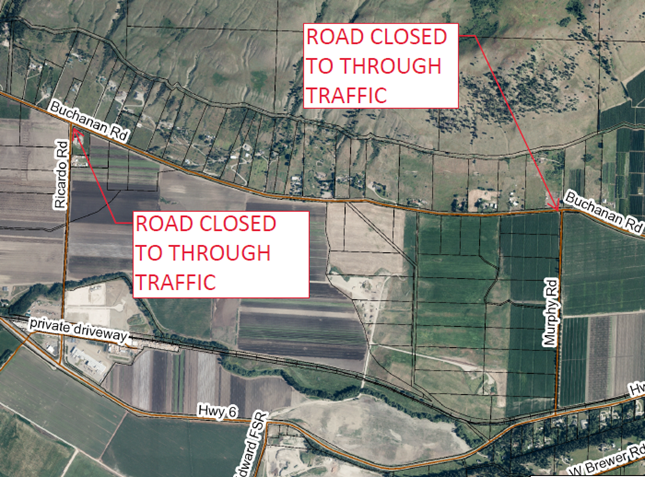 Map showing Buchanan Road closed between Ricardo Road and Murphy road